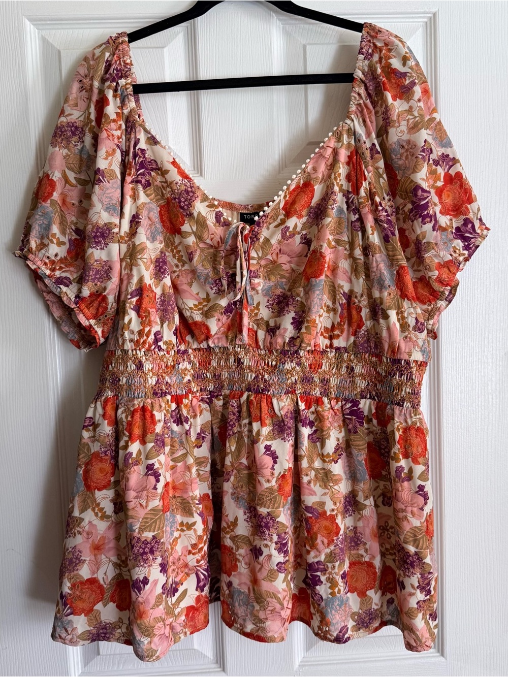 Torrid Floral Short Sleeve Peasant Blouse/Top - Pink, Orange & Purple